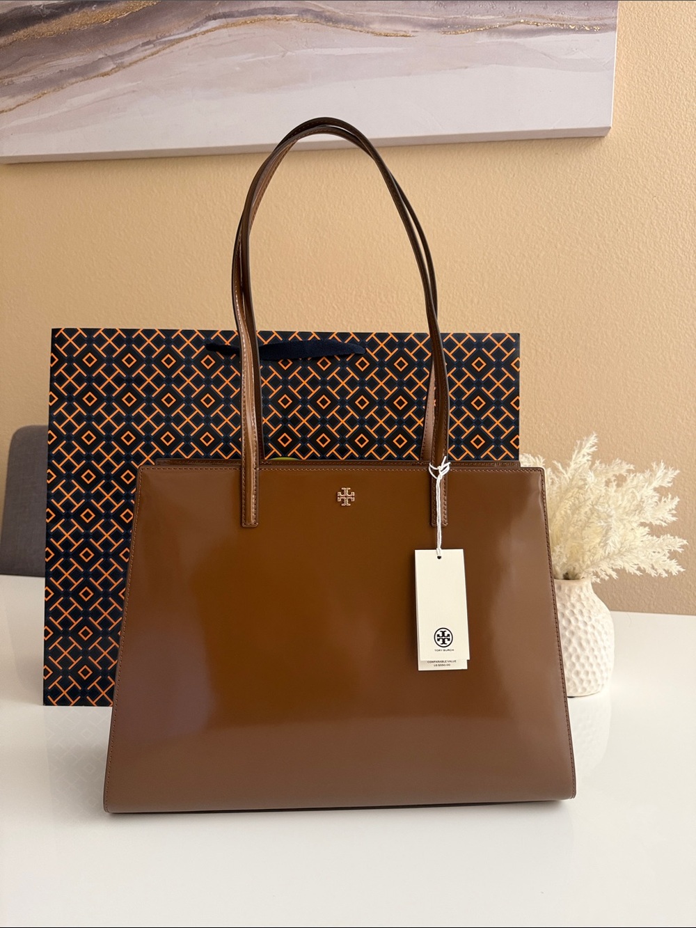 NWT , tory burch Emerson smooth work brown /tan tote bag rich walnut $550